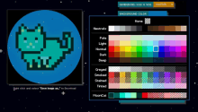 a computer screen shows a pixelated cat in a circle and a selection of different colors