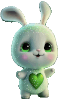 a white rabbit with green eyes and a green heart on its chest