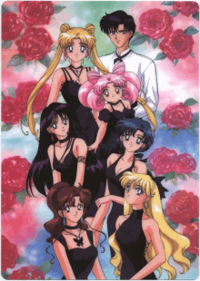 a group of anime characters standing in front of roses