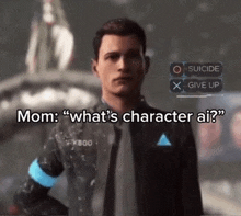 a man in a suit and tie is standing in front of a car and says " mom what 's character ai " .