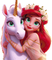 a little girl with red hair is hugging a unicorn