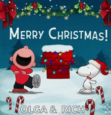 a christmas card with charlie brown and snoopy and the words merry christmas