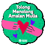 a sticker with two hands holding a heart and the words `` tolong menolong amalan mulia '' written on it .