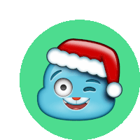 a blue emoji wearing a santa hat is winking