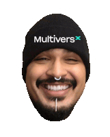 a man with a beard wears a black beanie that says multivers x