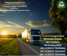 a highway truck driving school advertisement shows a truck driving down a road