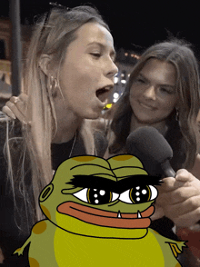 two women are talking into microphones with a frog in the foreground that looks like a spongebob character