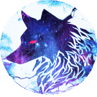 a painting of a wolf with a red eye