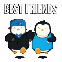 a couple of penguins standing next to each other with the words best friends above them