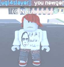 a roblox character with red hair is wearing a shirt that says " @neuzuzz "