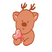 a cartoon drawing of a reindeer holding a pink heart with sprinkles on it