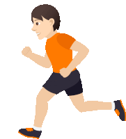 a cartoon illustration of a man in an orange shirt and black shorts running