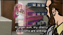 a cartoon of a man standing next to a girl with pink hair saying krieger-san my cherry blossoms