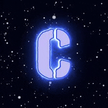 the letter c is glowing in the dark in the middle of a space background .