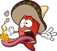 a cartoon illustration of a hot pepper wearing a sombrero and sticking out its tongue