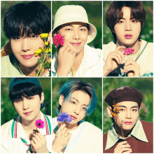 a collage of portraits of a group of young men with flowers in their hands