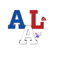 a red white and blue logo with the letter a in the center