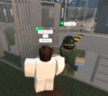 a screenshot of a video game shows a man talking to a soldier who says " make u bleed "