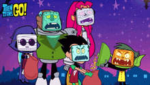 a poster for teen titans go shows a group of characters