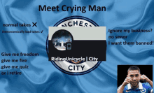 a poster that says meet crying man with a picture of a man in a blue shirt