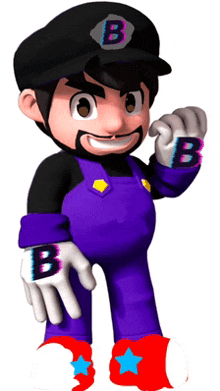 a cartoon character wearing purple overalls and a black hat with the letter b on it