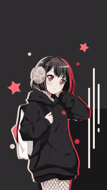 a girl wearing ear muffs and a black hoodie has a backpack