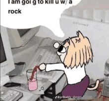 a cartoon of a cat pouring a drink into a glass on a computer desk .