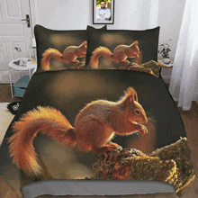 a bed with a squirrel on it and a picture of a man behind it