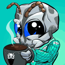 a cartoon ant is holding a cup of coffee