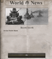 a black and white newspaper with a picture of a battleship in the ocean .