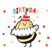 a birthday card with a bee wearing a party hat and holding a cake