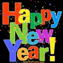 a happy new year greeting card with colorful letters on a black background