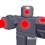 a robot with red eyes and arms is holding a gun in a video game .