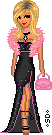 a pixel art of a woman in a black dress and pink fur stole holding a pink purse