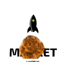 a rocket with a green eye is flying over a fireball with the word market below it