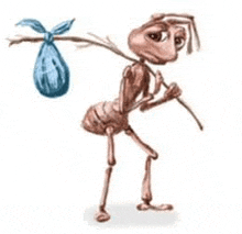 a cartoon ant is carrying a bag on its back .