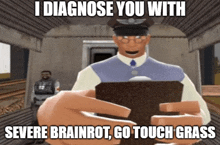 a cartoon man is holding a piece of bread with a caption that says i diagnose you with severe brainrot go touch grass