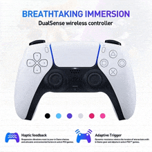 a picture of a dualsense wireless controller with the words breathtaking immersion