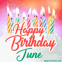 a happy birthday june greeting card with a cake and candles