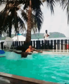 a man is diving into a swimming pool with a palm tree in the background and a fence in the foreground