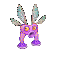 a purple and orange cartoon character with wings and a big nose