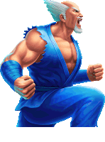 a man with a beard and a blue kimono is screaming with his fist in the air