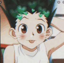 a close up of a cartoon character with green hearts on his hair .