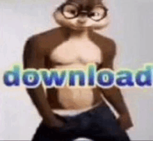 a chipmunk wearing glasses is standing in front of a sign that says download .