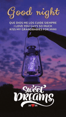 a poster that says " good night sweet dreams " with a person holding a lantern