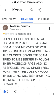 a screenshot of kenston farm reviews shows a review by natalie zervos