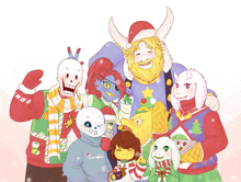 a group of cartoon characters posing for a picture with one wearing a santa sweater