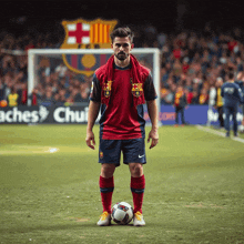 a soccer player with a scarf around his neck stands on the field with a fcb logo behind him