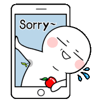 a cartoon character is holding an apple in front of a cell phone and saying sorry .