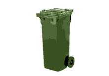 a green plastic garbage can with wheels and a lid on a white background .